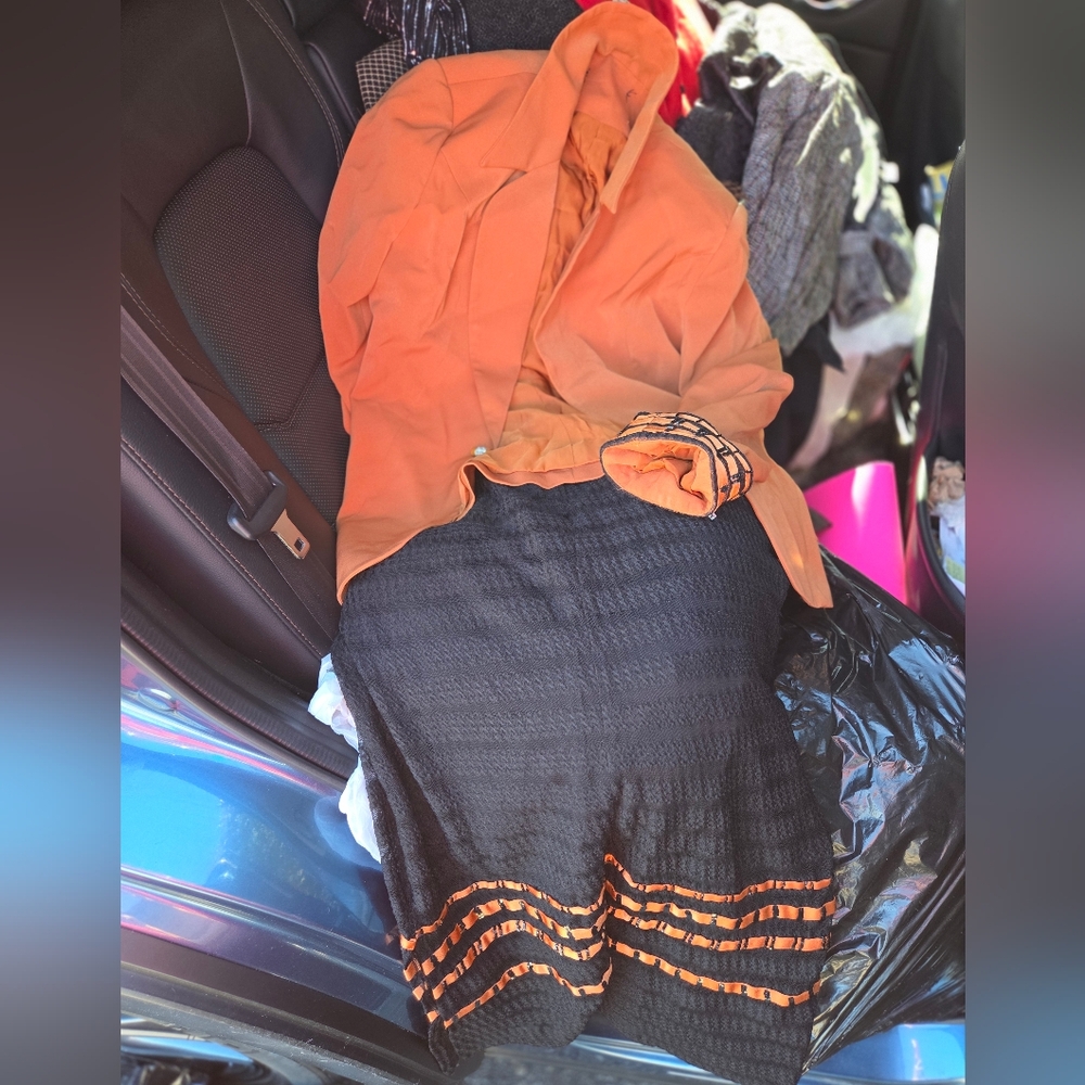 Elegant Black and Orange Skirt Set With Jacket And Top